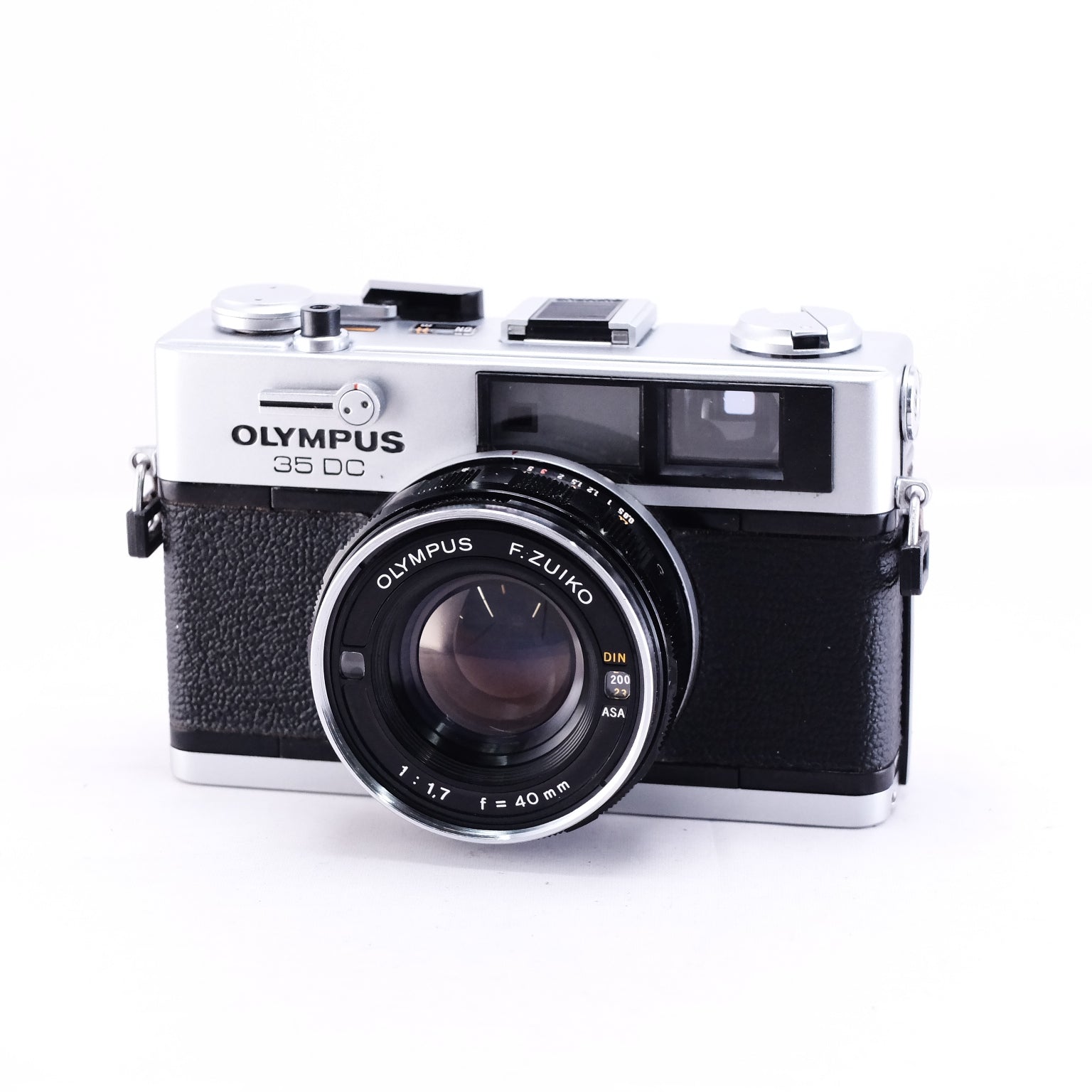 OLYMPUS 35DC film rangefinder camera with black leather body and lens, front view.
