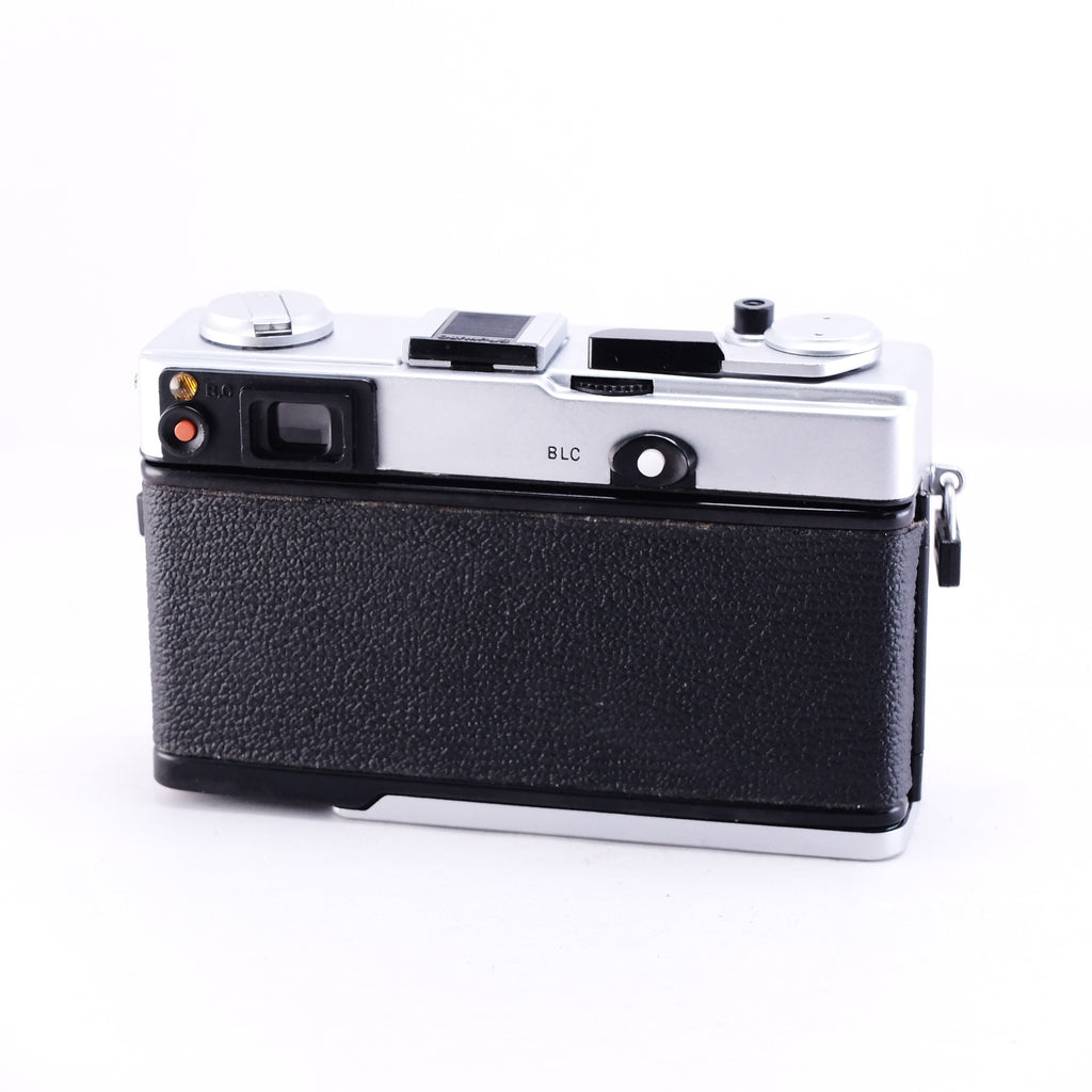 OLYMPUS 35DC film camera in black leather design from the back view with chrome accents.