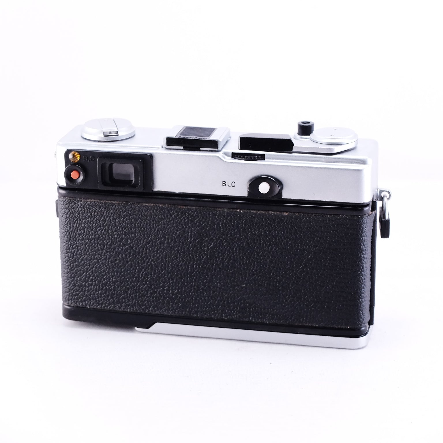 OLYMPUS 35DC film camera in black leather design from the back view with chrome accents.